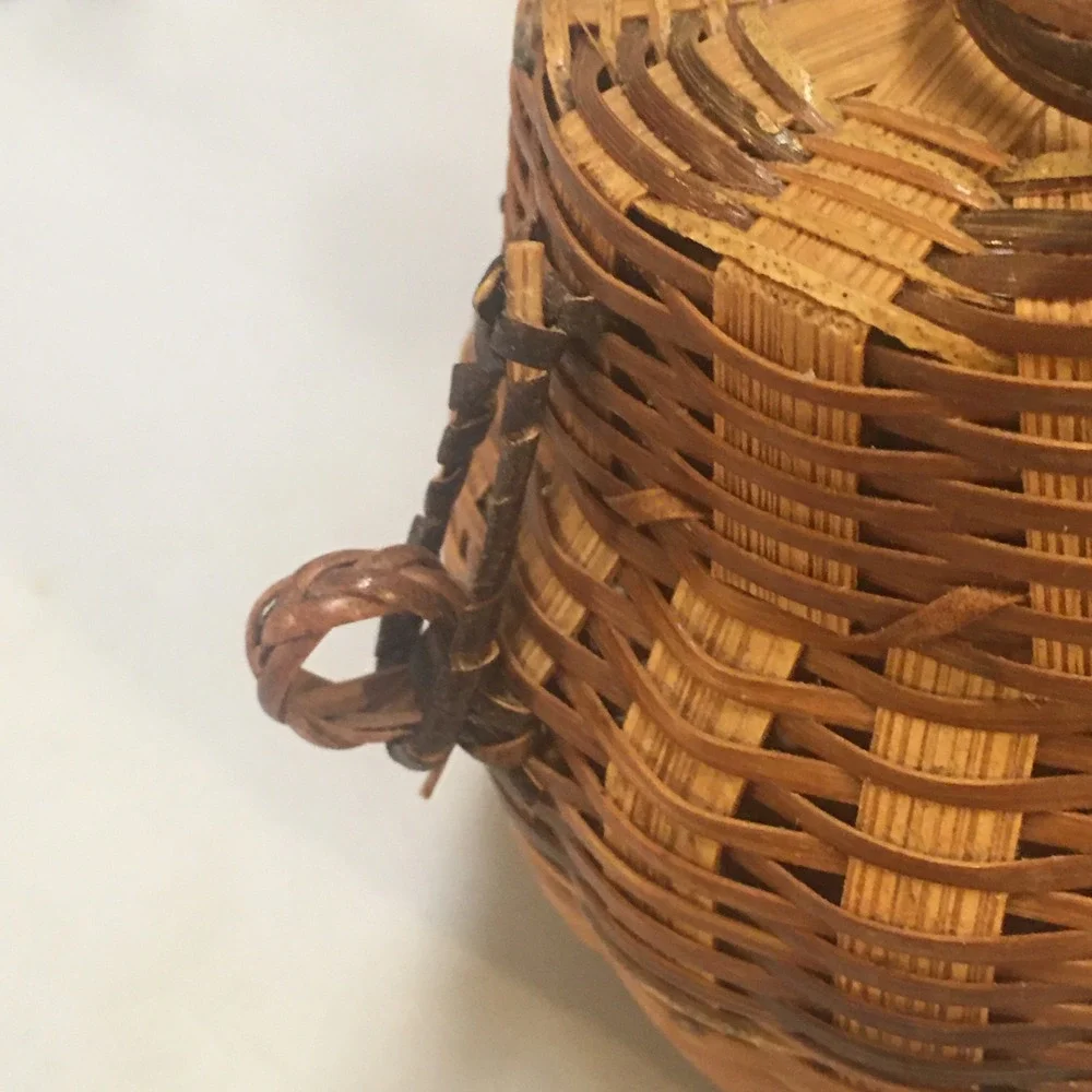 Woven Bamboo Mini Trinket Basket Unisex Brown Handcrafted Lid Cottagecore Boho